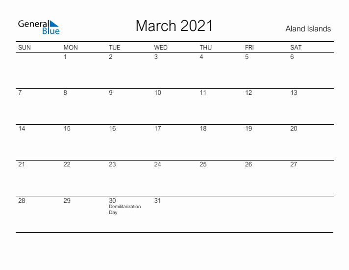 Printable March 2021 Calendar for Aland Islands