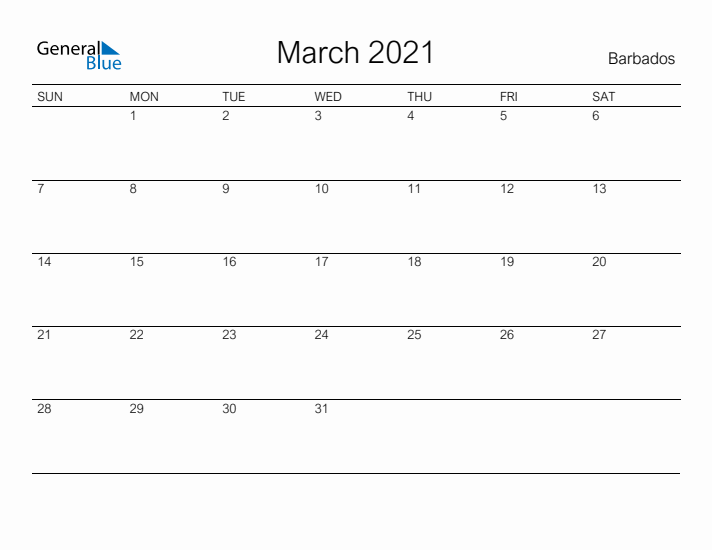 Printable March 2021 Calendar for Barbados