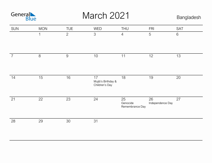 Printable March 2021 Calendar for Bangladesh