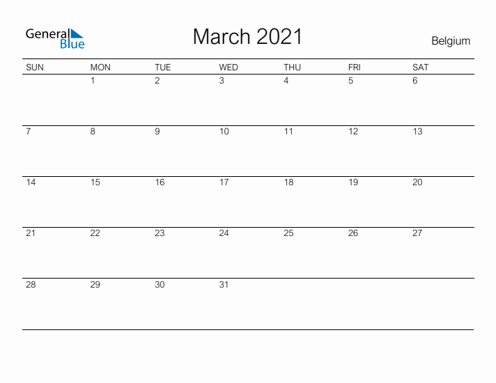 Printable March 2021 Calendar for Belgium