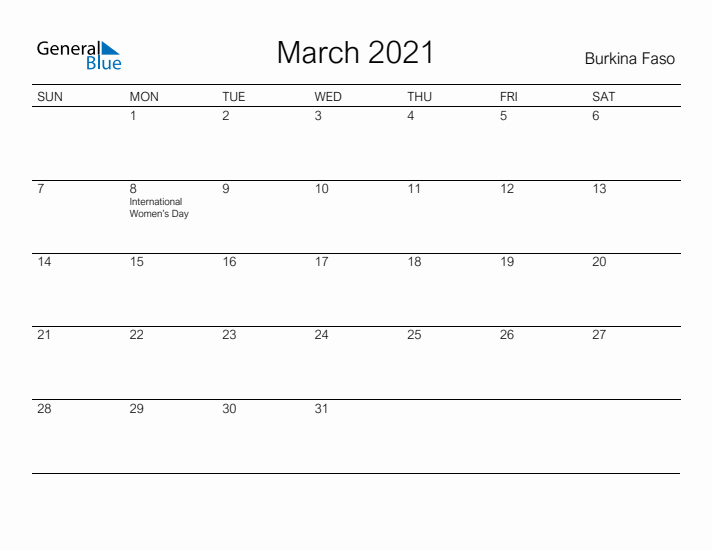 Printable March 2021 Calendar for Burkina Faso