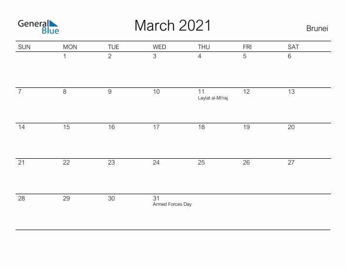 Printable March 2021 Calendar for Brunei