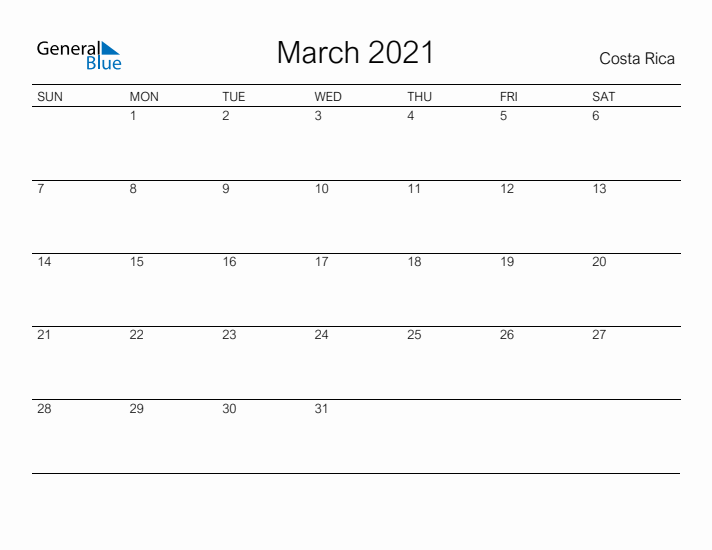 Printable March 2021 Calendar for Costa Rica