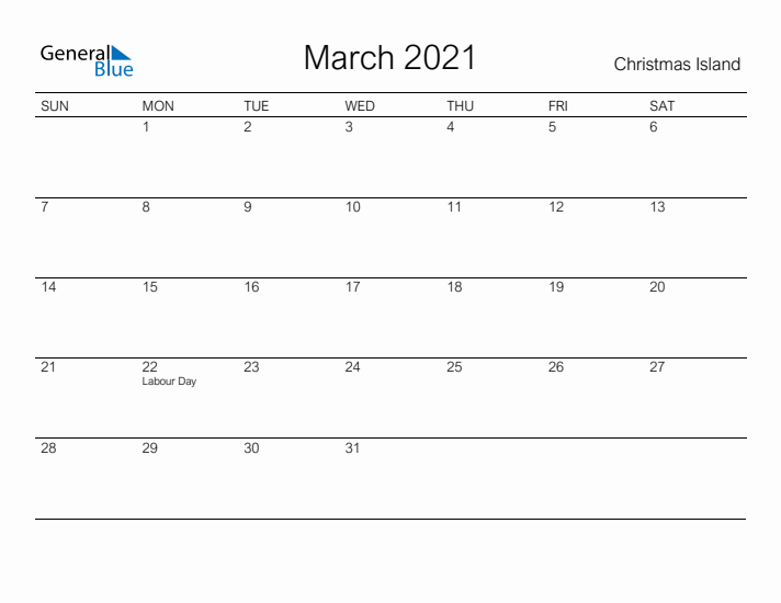Printable March 2021 Calendar for Christmas Island