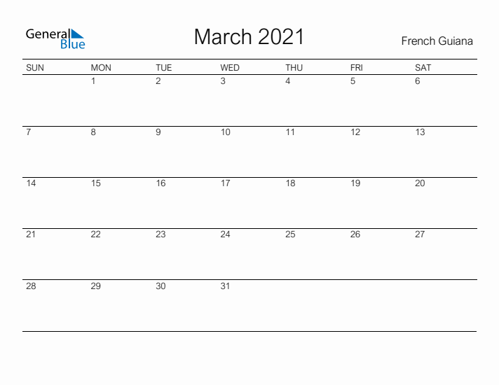 Printable March 2021 Calendar for French Guiana