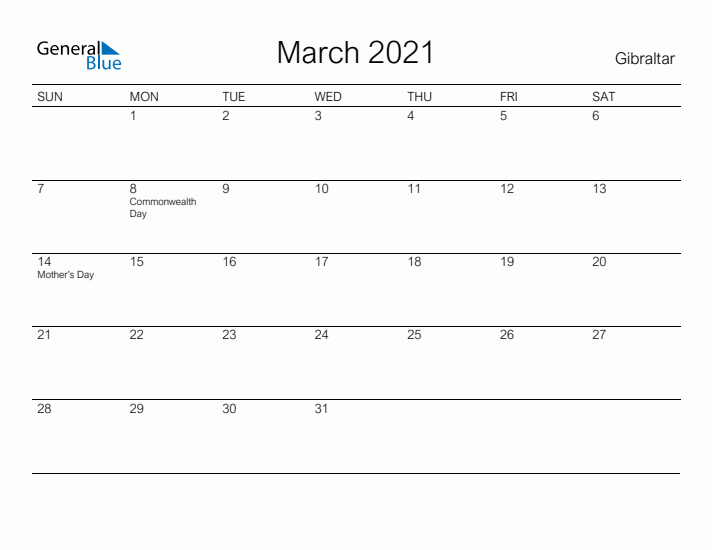 Printable March 2021 Calendar for Gibraltar