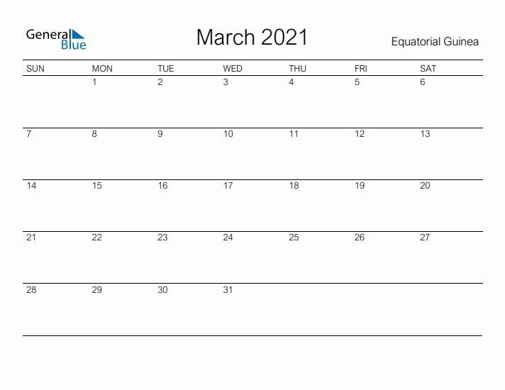 Printable March 2021 Calendar for Equatorial Guinea