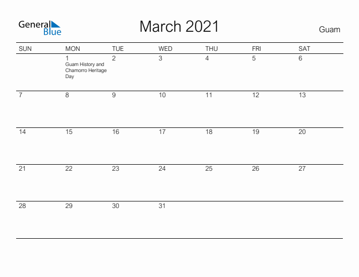 Printable March 2021 Calendar for Guam