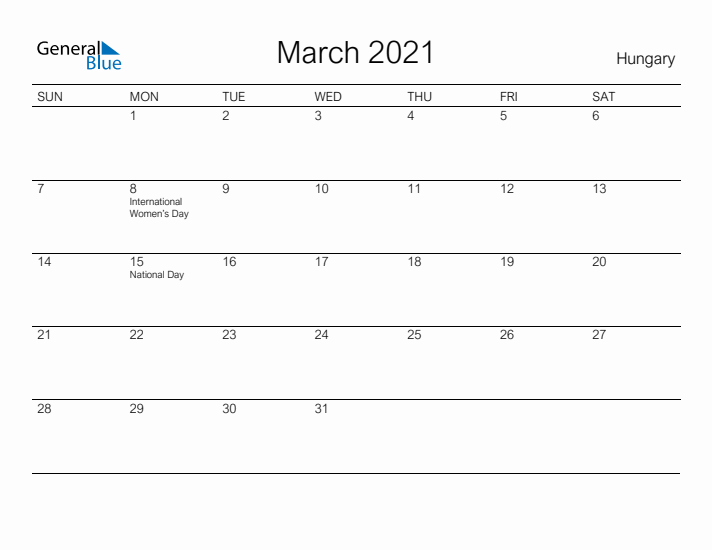 Printable March 2021 Calendar for Hungary