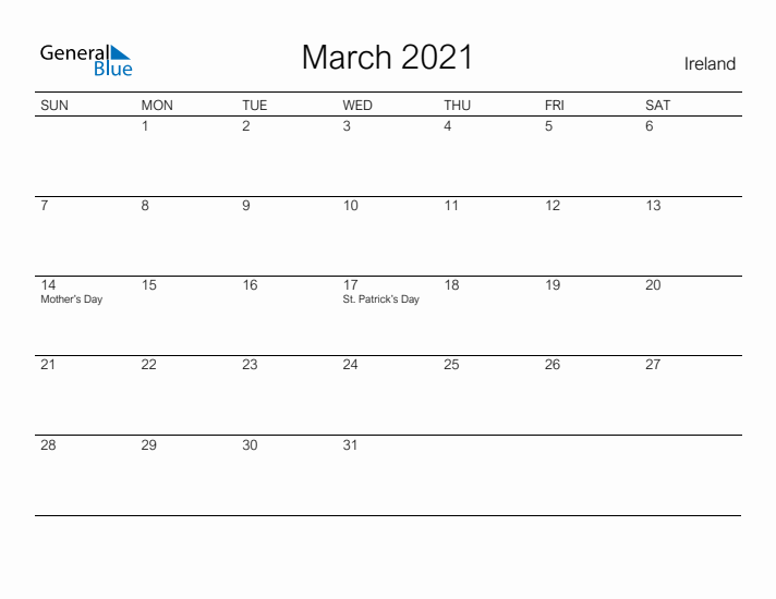 Printable March 2021 Calendar for Ireland