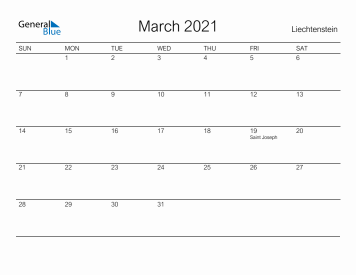 Printable March 2021 Calendar for Liechtenstein