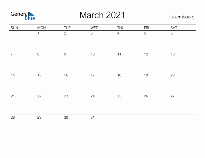 Printable March 2021 Calendar for Luxembourg