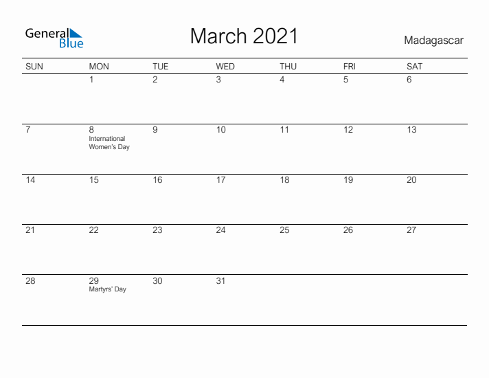 Printable March 2021 Calendar for Madagascar