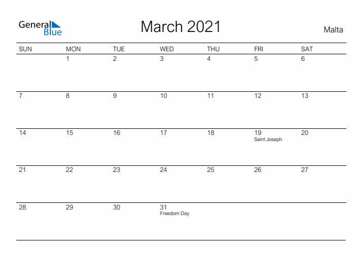 Printable March 2021 Calendar for Malta
