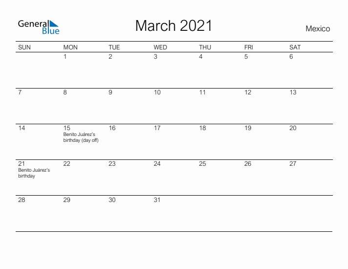 Printable March 2021 Calendar for Mexico