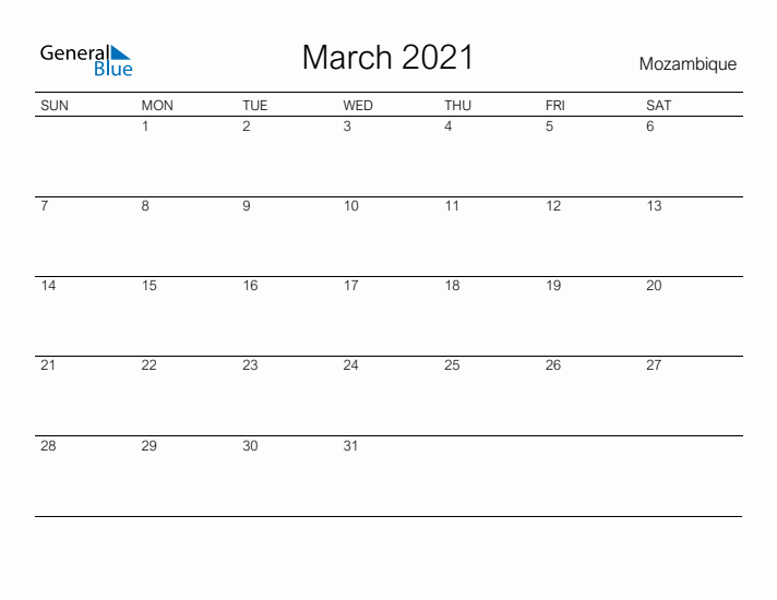 Printable March 2021 Calendar for Mozambique