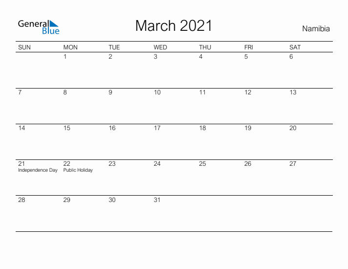 Printable March 2021 Calendar for Namibia