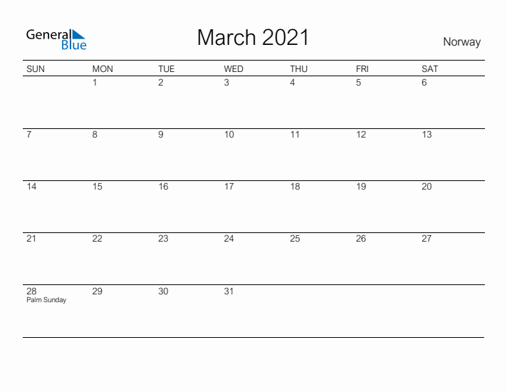 Printable March 2021 Calendar for Norway