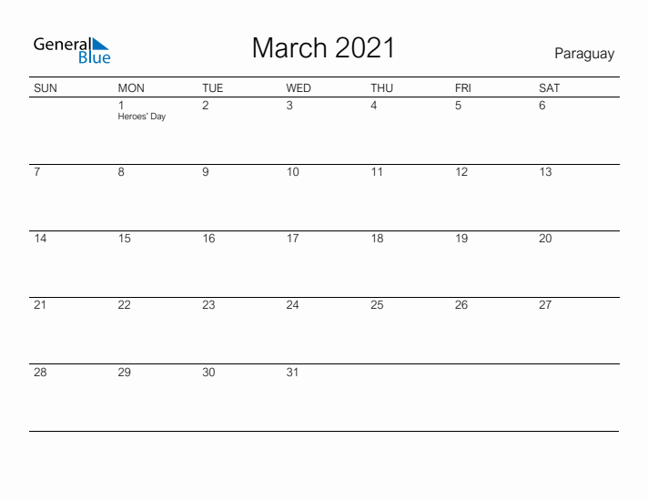 Printable March 2021 Calendar for Paraguay