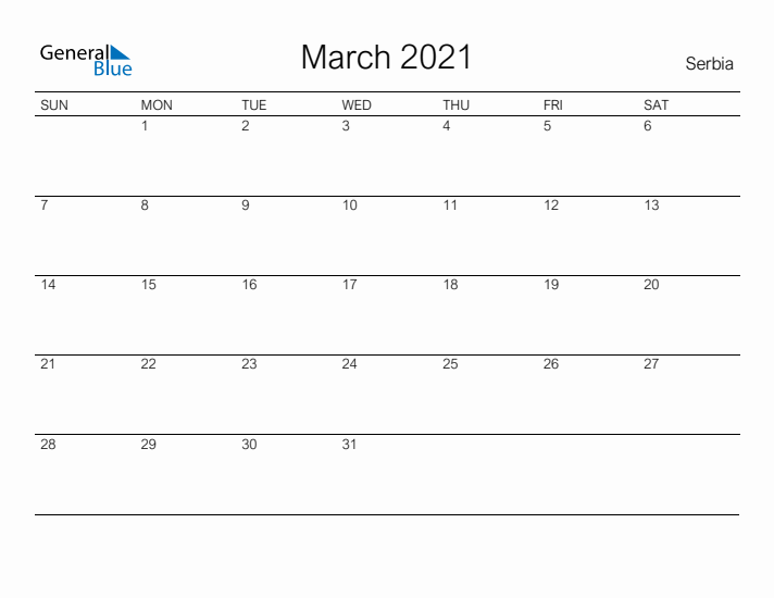 Printable March 2021 Calendar for Serbia