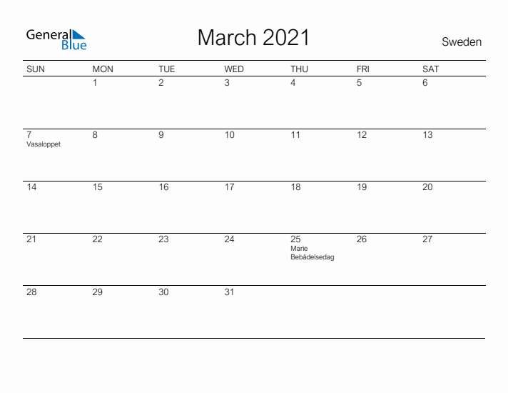 Printable March 2021 Calendar for Sweden