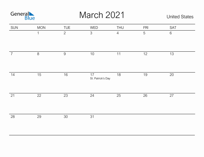 Printable March 2021 Calendar for United States