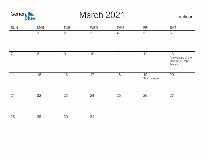 Printable March 2021 Calendar for Vatican