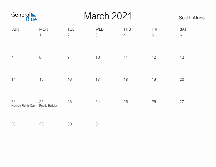 Printable March 2021 Calendar for South Africa