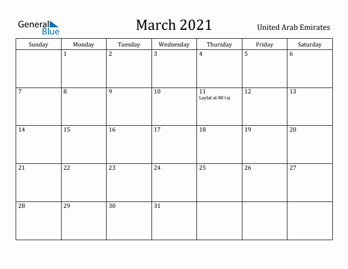 March 2021 Calendar United Arab Emirates