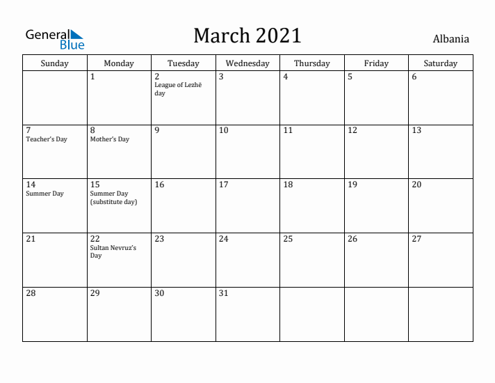 March 2021 Calendar Albania