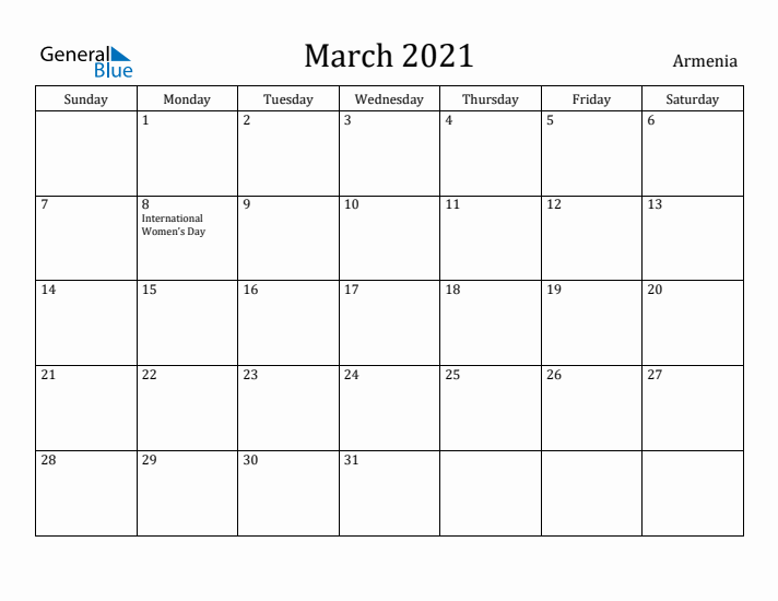 March 2021 Calendar Armenia
