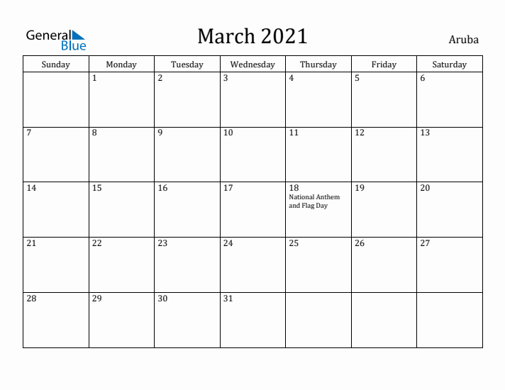 March 2021 Calendar Aruba