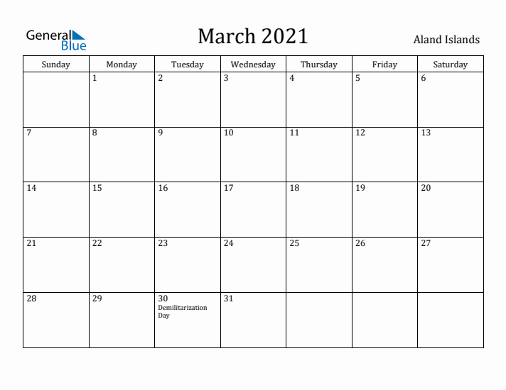 March 2021 Calendar Aland Islands