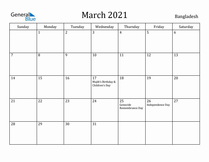 March 2021 Calendar Bangladesh