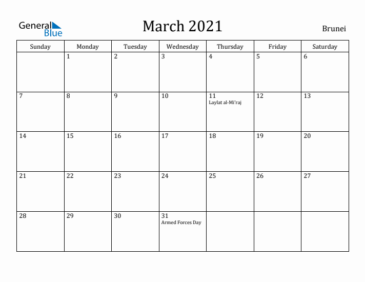 March 2021 Calendar Brunei