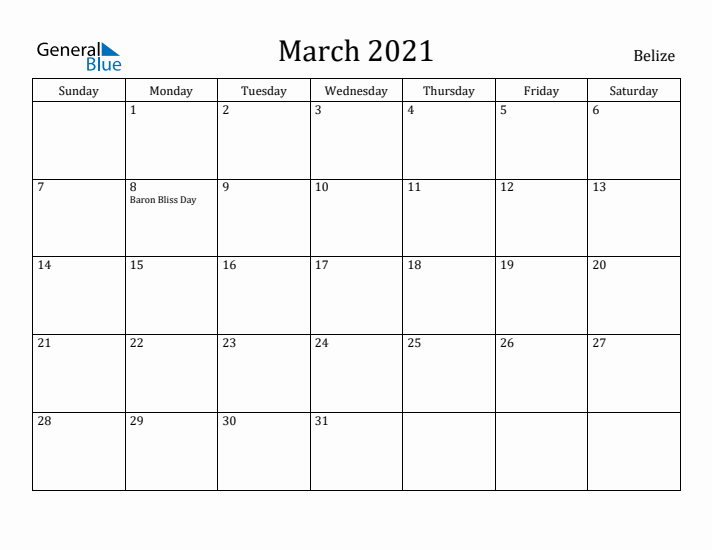 March 2021 Calendar Belize