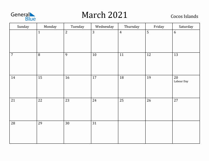 March 2021 Calendar Cocos Islands