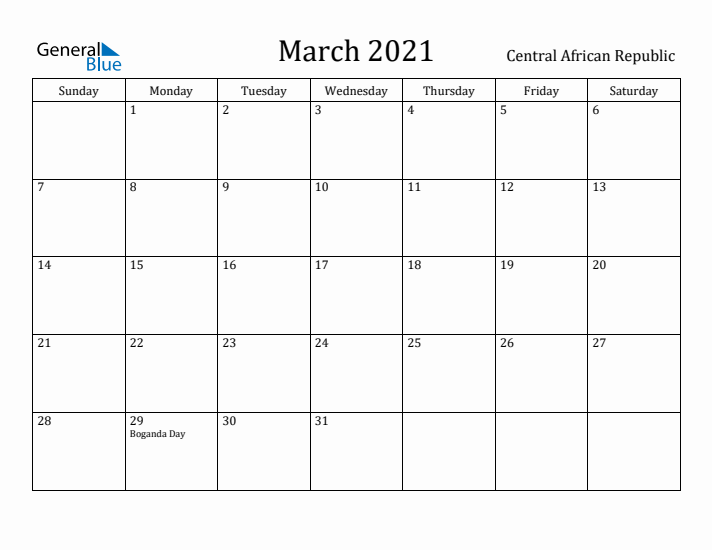 March 2021 Calendar Central African Republic