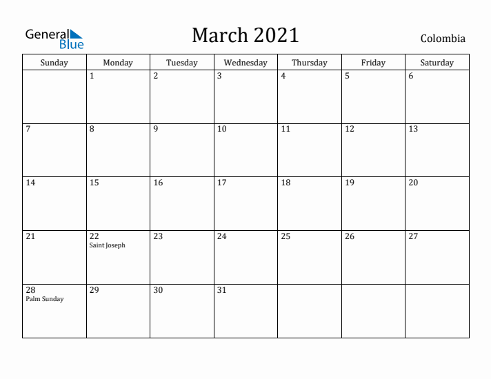 March 2021 Calendar Colombia