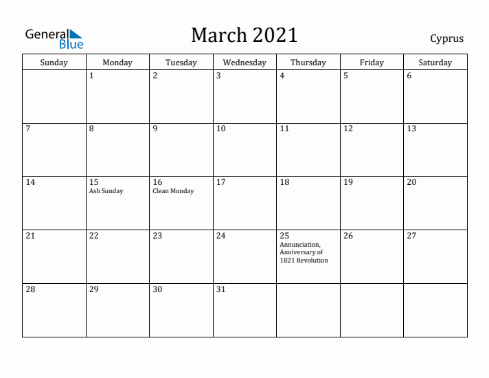 March 2021 Calendar Cyprus
