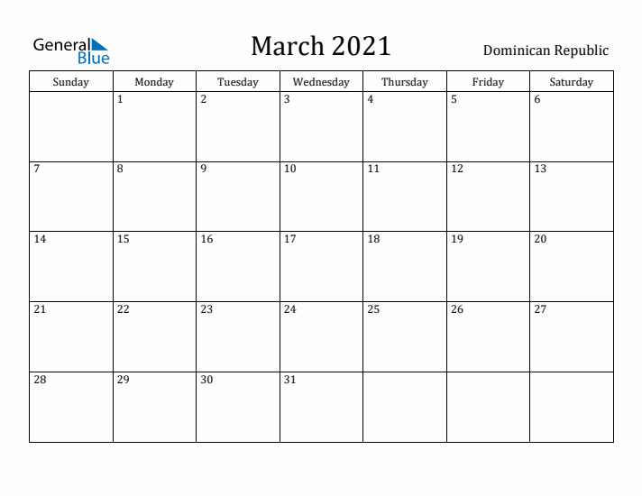 March 2021 Calendar Dominican Republic