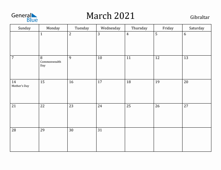 March 2021 Calendar Gibraltar