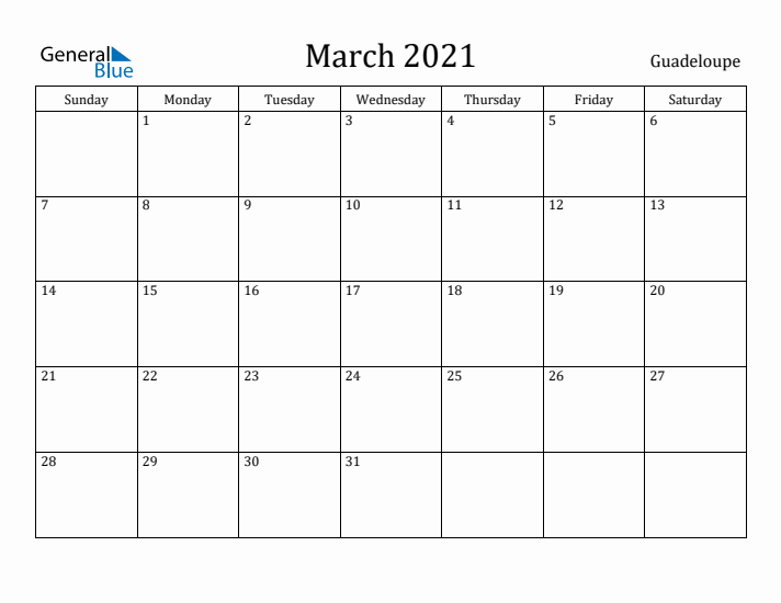 March 2021 Calendar Guadeloupe