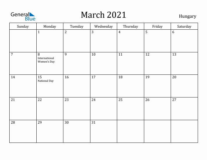 March 2021 Calendar Hungary