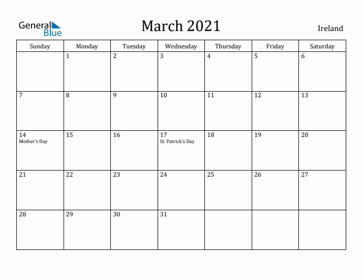 March 2021 Calendar Ireland