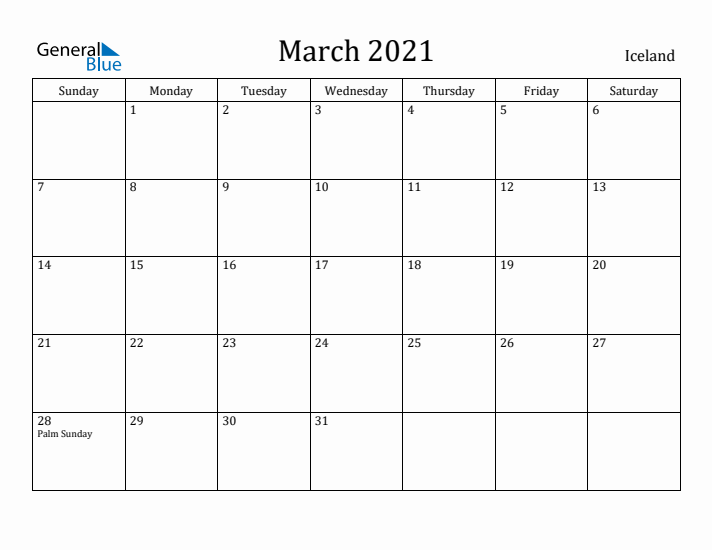 March 2021 Calendar Iceland