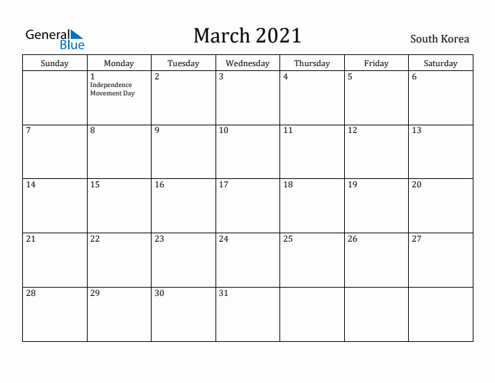 March 2021 Calendar South Korea