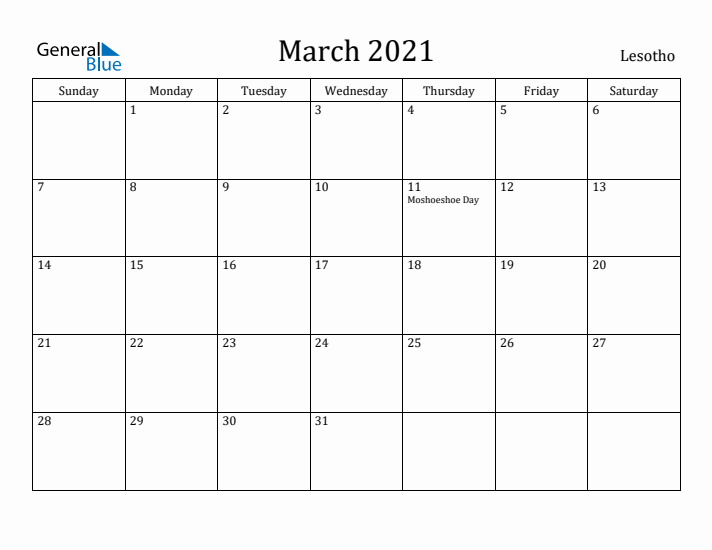 March 2021 Calendar Lesotho