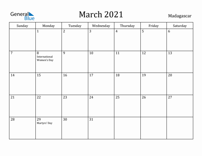 March 2021 Calendar Madagascar