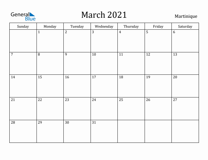 March 2021 Calendar Martinique